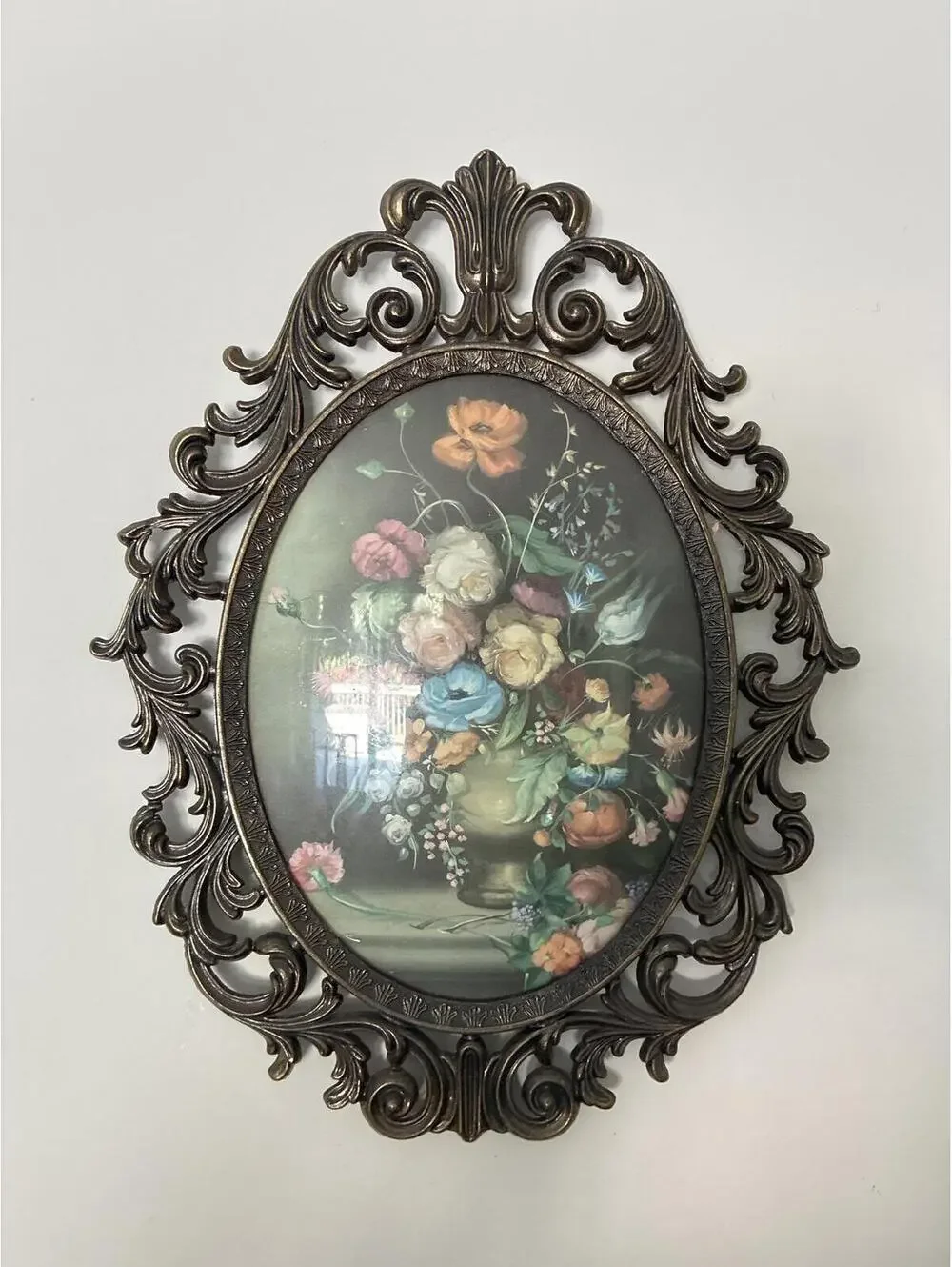 Vintage Made in Italy Floral Wall Art, Convex Bubble Glass Frame Ornate